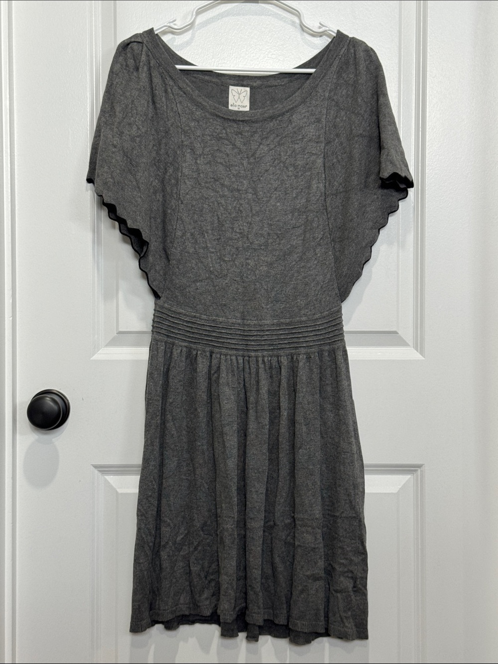 Ella Moss Gray Scoop Neck Midi Dress with Scallop Sleeves